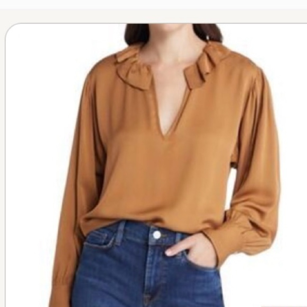 Frame Denim Ruffle V-Neck Blouse in Camel